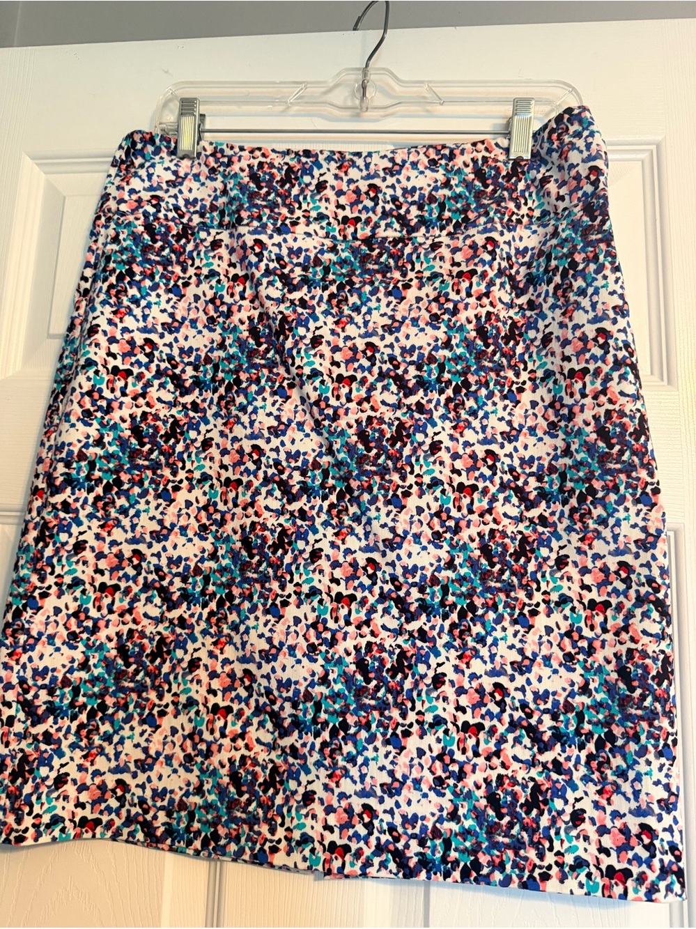 Margaret M A-Line Skirt in White with Blue, Teal, Pink and Navy Print